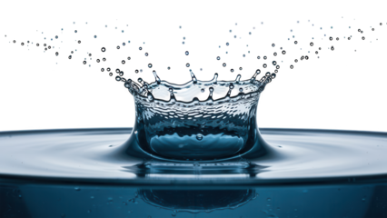 Water droplet crown splash frozen in time with tiny droplets above.