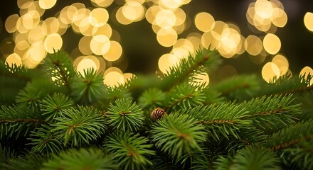 Detailed photo of a Christmas pinecone and needles set against a warm, magical blur of holiday lights