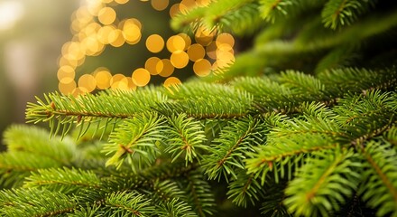 Detailed photo of a Christmas pinecone and needles set against a warm, magical blur of holiday lights