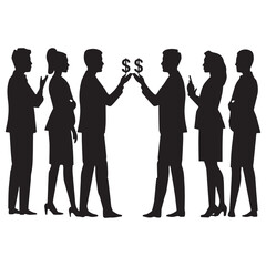 Silhouettes of diverse business people in a line exchanging money symbols symbolizing financial transactions and economic exchange