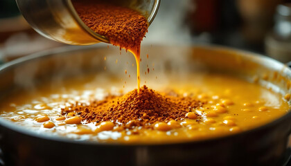 Aromatic tadka sizzling in dal with rich spices and steam in warm kitchen setting.