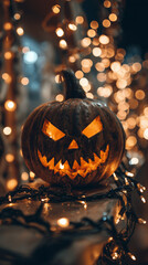halloween jack o lantern on dark background orange gold bokeh lights vertical mobile background format backdrop spooky holiday seasonal autumn scary glowing pumpkin