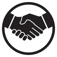 Simple black and white icon of two hands shaking firmly inside a circle representing agreement partnership and trust