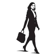 Stylish professional woman in a sharp black suit and high heels confidently walks with a briefcase