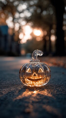 glowing glass Halloween holiday jack-o-lantern pumpkin on the road in the forest mobile vertical format bokeh background seasaonal backdrop autumn season dark at night sun setting light
