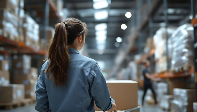 Warehouse productivity: woman pulling loaded cart in bright aisle with natural light.