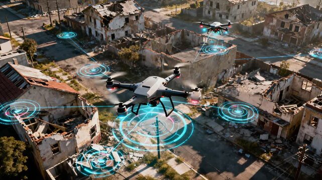 Advanced robotic drones systematically scan and document post-conflict cityscape, creating comprehensive digital terrain model using holographic scanning technologies and wireless sensor networks.