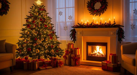 Cozy living room fireplace decorated for Christmas with tree and lights