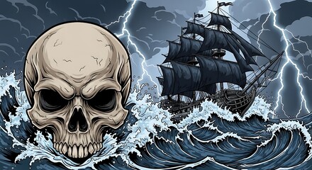 A menacing skull and a ship battling a stormy sea, showcasing dynamic contrasts in color and texture.