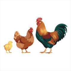 Chicken Family with Chick, Hen, and Rooster - Farm Birds Set
