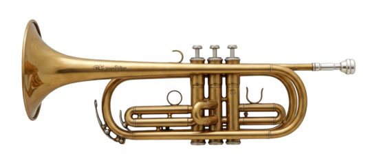 Golden brass cornet with valves is showcased against a black background.