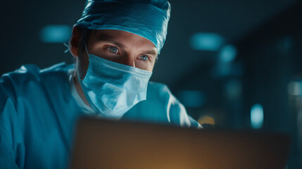 Close up of a surgeon with blue eyes wearing a mask and surgical cap looking at a screen in dim lighting