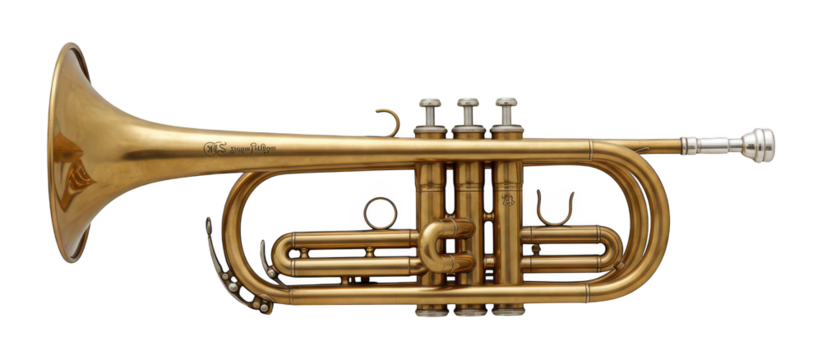 Golden brass cornet with valves is showcased against a black background.