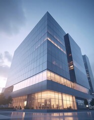 Modern building reflecting light at dusk. Abstract Futuristic Business Background