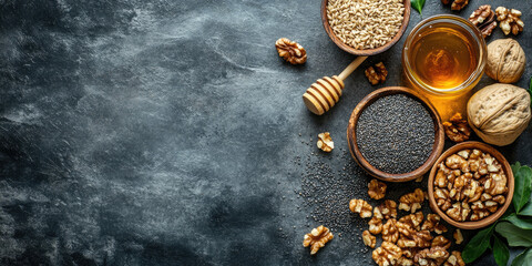 Wheat grains, poppy seeds, walnuts, and honey arranged on a dark background, showcasing the essential components for preparing the traditional Ukrainian Christmas kutia dish