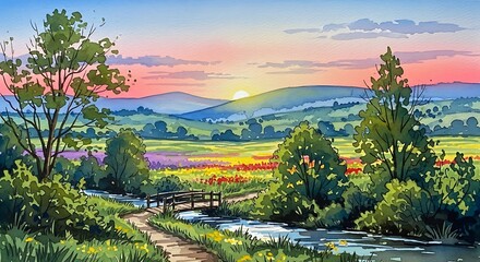 A picturesque, colorful landscape painting depicts a peaceful valley at sunset, featuring a meandering stream, a small bridge, and vibrant wildflowers.