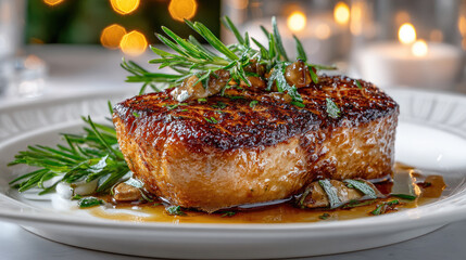 Succulent foie gras on a white porcelain dish with fresh rosemary sprigs, ready to be served, making a sophisticated and delicious meal with blurred holiday decorations in the background