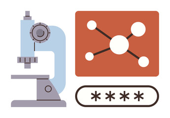 Microscope with molecule diagram emphasizes research, science, and discovery, paired with password box suggesting cybersecurity. Ideal for lab work, innovation, chemistry, technology, analysis