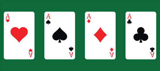 Four Aces Playing Card Icon Set – Poker Hand Winning Combination with Hearts, Clubs, Diamonds,
 and Spades Suits – Casino and Gambling Vector Illustration