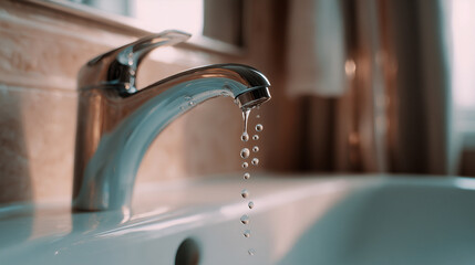 Water drops falling from chrome faucet in bathroom sink. Water conservation concept, saving resources, sustainable consumption, eco-friendly lifestyle, efficient usage, environmental awareness.