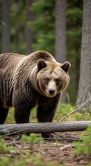 Majestic brown bear stands in a tranquil forest, its gaze focused on the viewer, amidst a bed of fallen logs and springtime greenery.