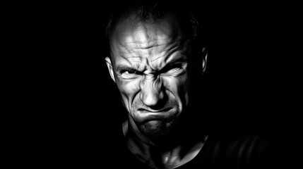Angry man portrait with intense facial expression in dramatic black and white. Stress, frustration, rage emotion, aggression, fury, tension, mental health, psychological distress concept.