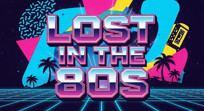 Lost in the 80s Retro Neon Grid with Palm Trees and Cassette Tape.