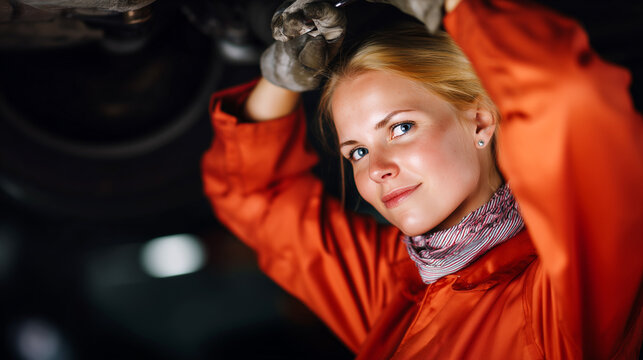 Female mechanic working under car in auto repair shop. Woman in orange overalls fixing vehicle. Gender equality, non-traditional career, empowerment, professional automotive technician concept.
