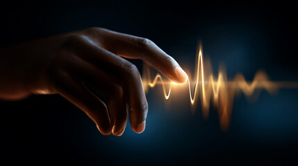 Hand touching glowing digital sound wave. AI and technology connection concept. Digital innovation and human artificial intelligence interaction. Future advancement and digital transformation symbol.