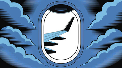 Obraz premium A view from an airplane window showing the wing and clouds with a comic book style illustration