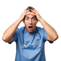 Illustration of stressed doctor with hands on head isolated on transparent background