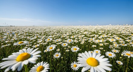 A vast expanse of white daisies blankets a field, bathed in sunlight under a clear blue sky.