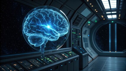 A futuristic scene depicting a glowing brain inside a high-tech spacecraft, symbolizing advanced technology and exploration of the mind.