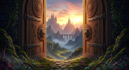 Ornate wooden doors open to a breathtaking vista of a valley bathed in sunrise light.
