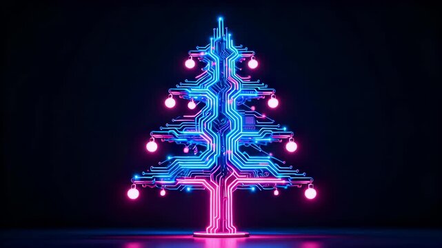 Seamless loop of circuit board christmas tree with glowing blue and pink neon lights against dark background. Electronic technology holiday design.