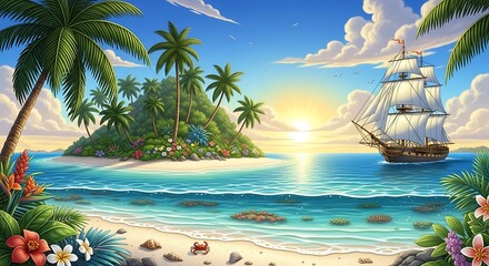 Tropical Island Paradise with Pirate Ship at Sunset.