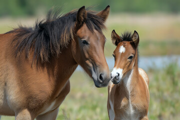 Fototapeta premium Foal standing close to its mother in a sunny meadow, gentle and heartwarming moment