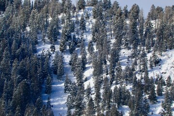 Snow falls on the mountain top