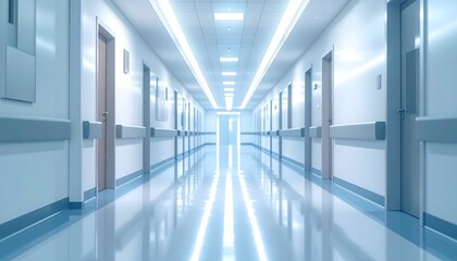 Obraz premium Clean, modern hospital corridor with bright lighting and reflective floors.