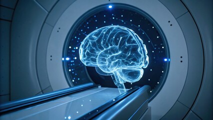 A digital representation of a brain inside a futuristic scanning machine, illustrating advanced neuroscience and technology concepts.