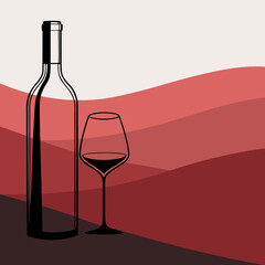 Vector art of wine bottle and glass on red background