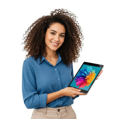 Illustration of woman holding tablet isolated on transparent background