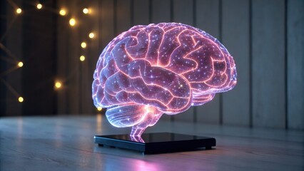 A glowing, holographic brain model with luminous circuits, symbolizing technology, intelligence, and the interconnectedness of ideas in a modern setting.