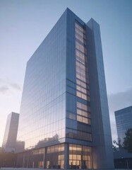 Obraz premium Modern building reflecting light at dusk. Abstract Futuristic Business Background