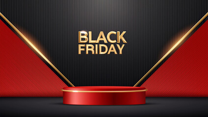 Luxury Black Friday background with golden text, red podium, and elegant geometric design. Modern shopping sale banner template for discounts, marketing, and promotional events.