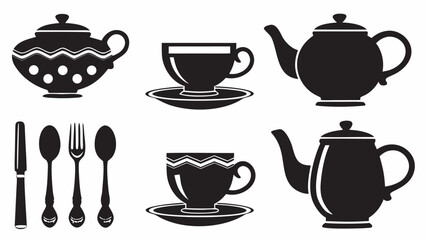 Charming tea party set in elegant black silhouette, perfect for invitations and stylish menu designs