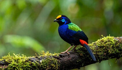 Obraz premium Vibrant blue and red tropical bird perched on a mossy branch in a lush rainforest.