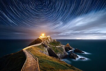 Long-exposure star trails circling above a cliffside lighthouse at midnight