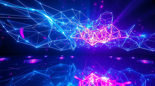 Futuristic holographic data projection with glowing neon light and 3D digital geometry in dark sci-fi environment