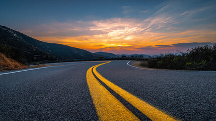 Winding road to a bright sunset